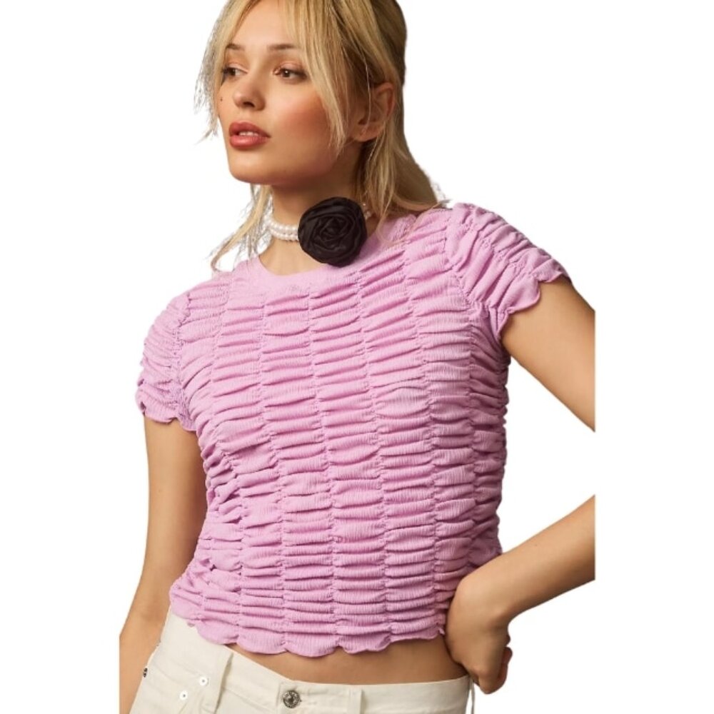 Anthropologie Ruched Baby Tee Short Sleeve Size Medium in Lilac